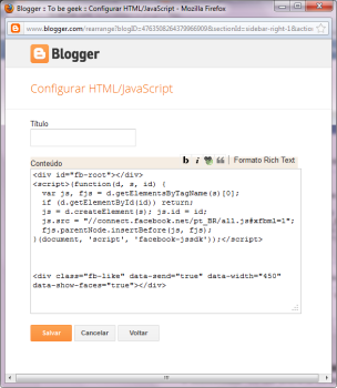 widget do Facebook para blogger - Caixa de HTML/Javascript no blogger