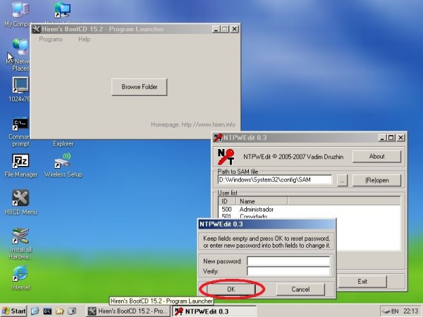 mudar a senha do windows com hiren's bootcd com NTPWedit do mini windows xp