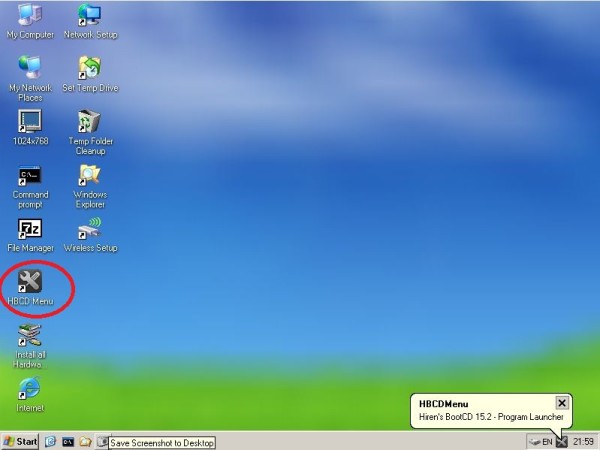 Mini Windows Xp - Iinicie o HBCD Menu para abrir as ferramentas 