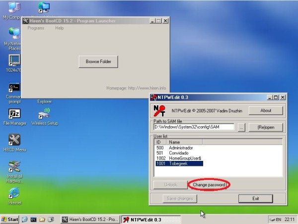 veja como mudar a senha do windows com hiren's bootcd usando o mini windows xp e o aplicativo NTPWedit