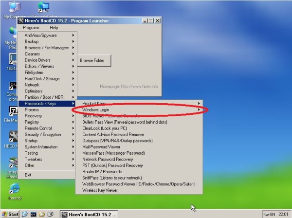 va em password depois windows login para mudar a senha do windows com hiren's bootcd