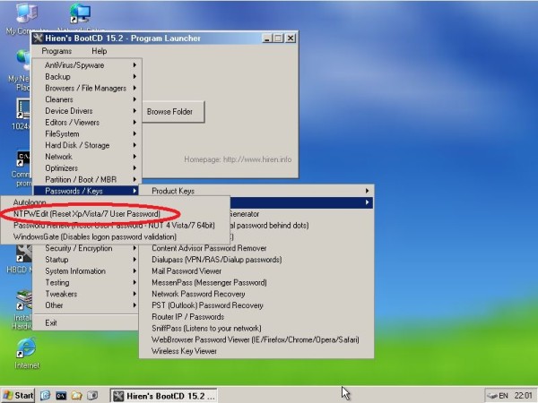 reset password hirens boot HBCD menu - programs - password key - windows login